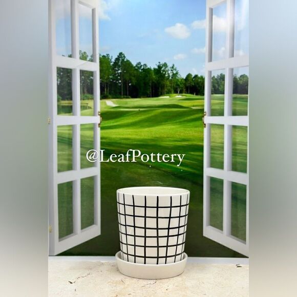 Ginger White/Black Ceramic Planter Pot with Saucer Attached - Picture 2 of 9